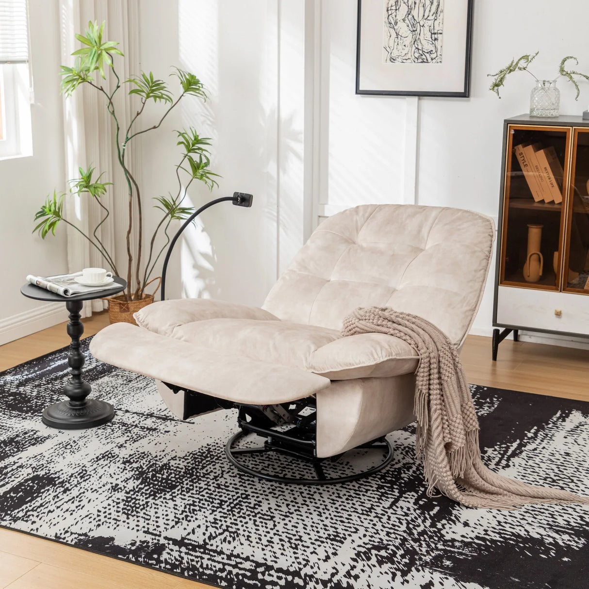 Modern Ivory Velvet Swivel Gliding Recliner Chair With Phone Holder - Omega Lifestyles