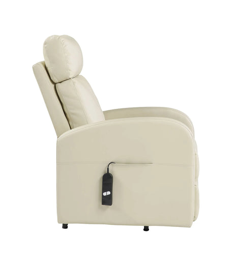 Beige Faux Leather Power Lift Recliner With Pocket Coil Seat - Omega Lifestyles