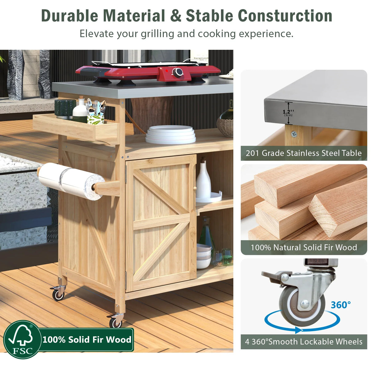 Farmhouse Solid Fir Wood Outdoor Kitchen Island Cart - Omega Lifestyles