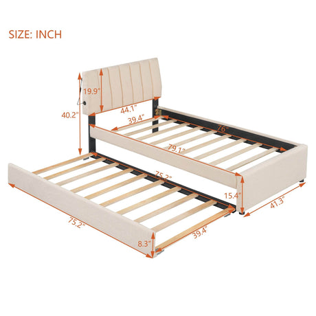 Twin Upholstered Platform Bed With LED Light Trundle - Omega Lifestyles