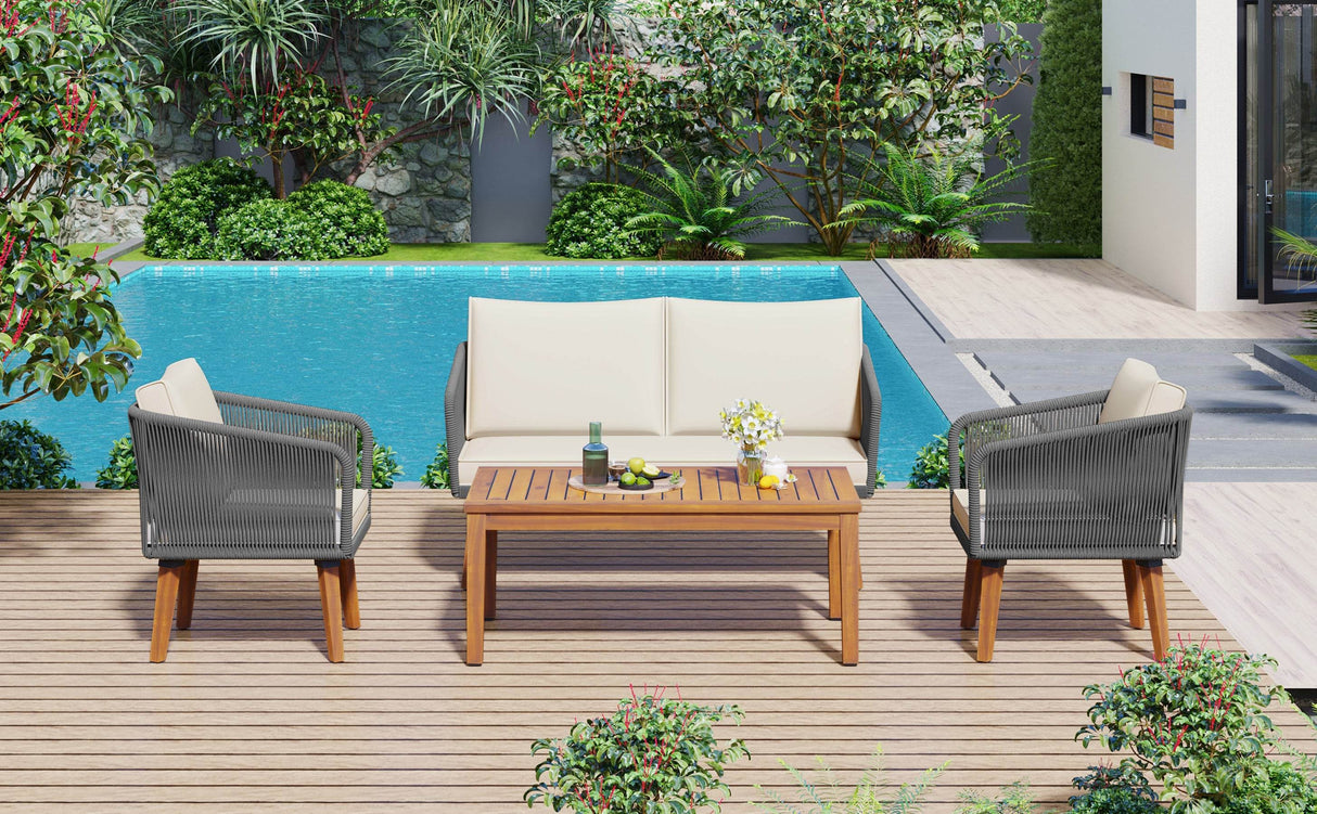 4-Piece Mid-Century Modern Woven Rope Patio Furniture Set - Omega Lifestyles