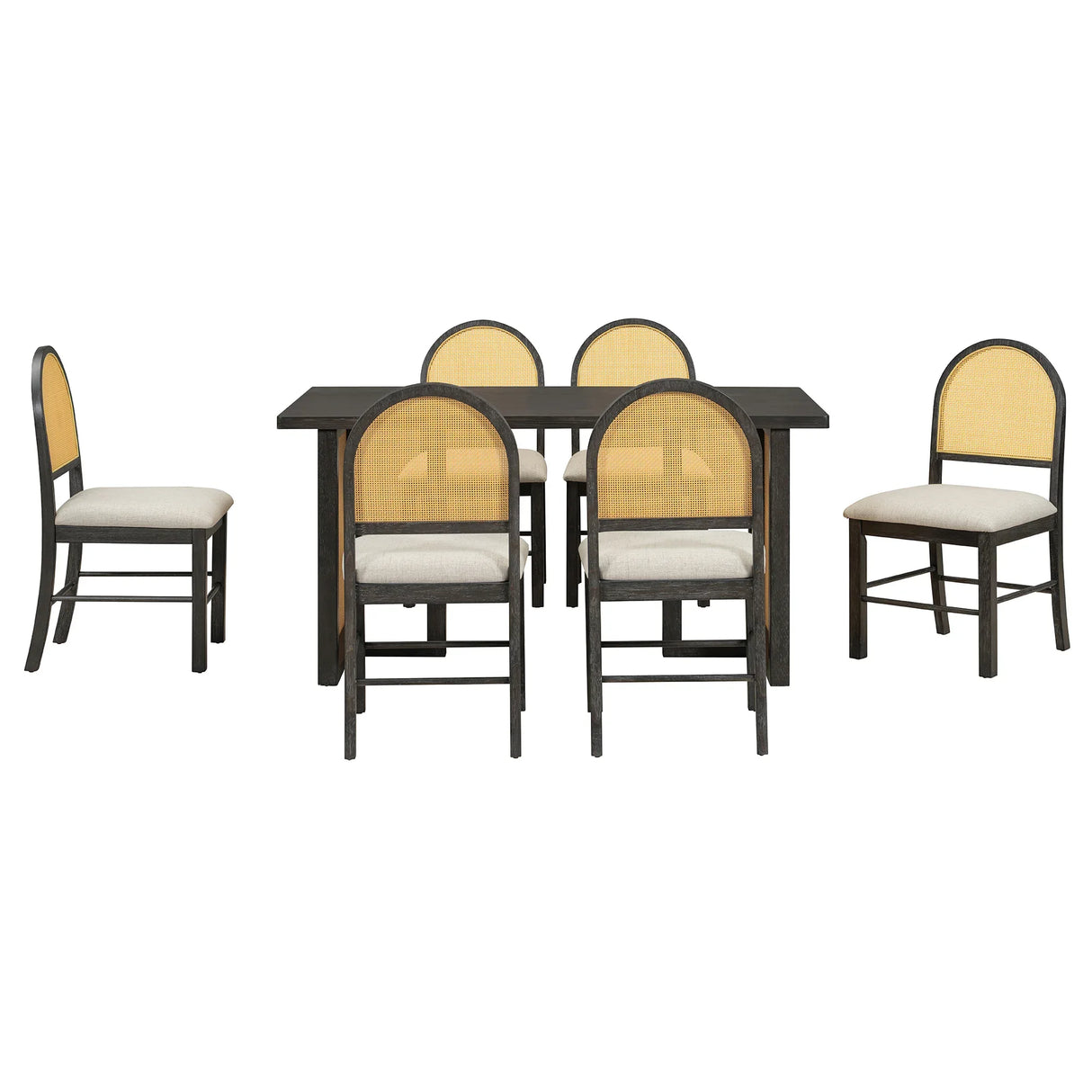 7-Piece Farmhouse Dining Table Set With Rattan Chairs - Omega Lifestyles