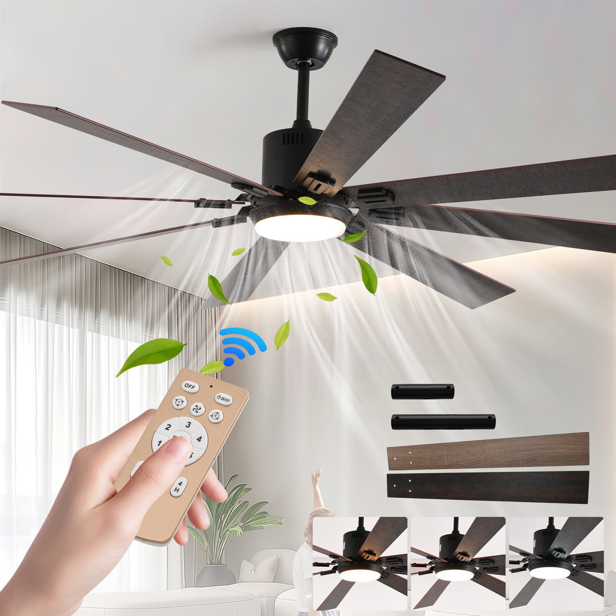 72-Inch Walnut LED Ceiling Fan Light With Remote Control