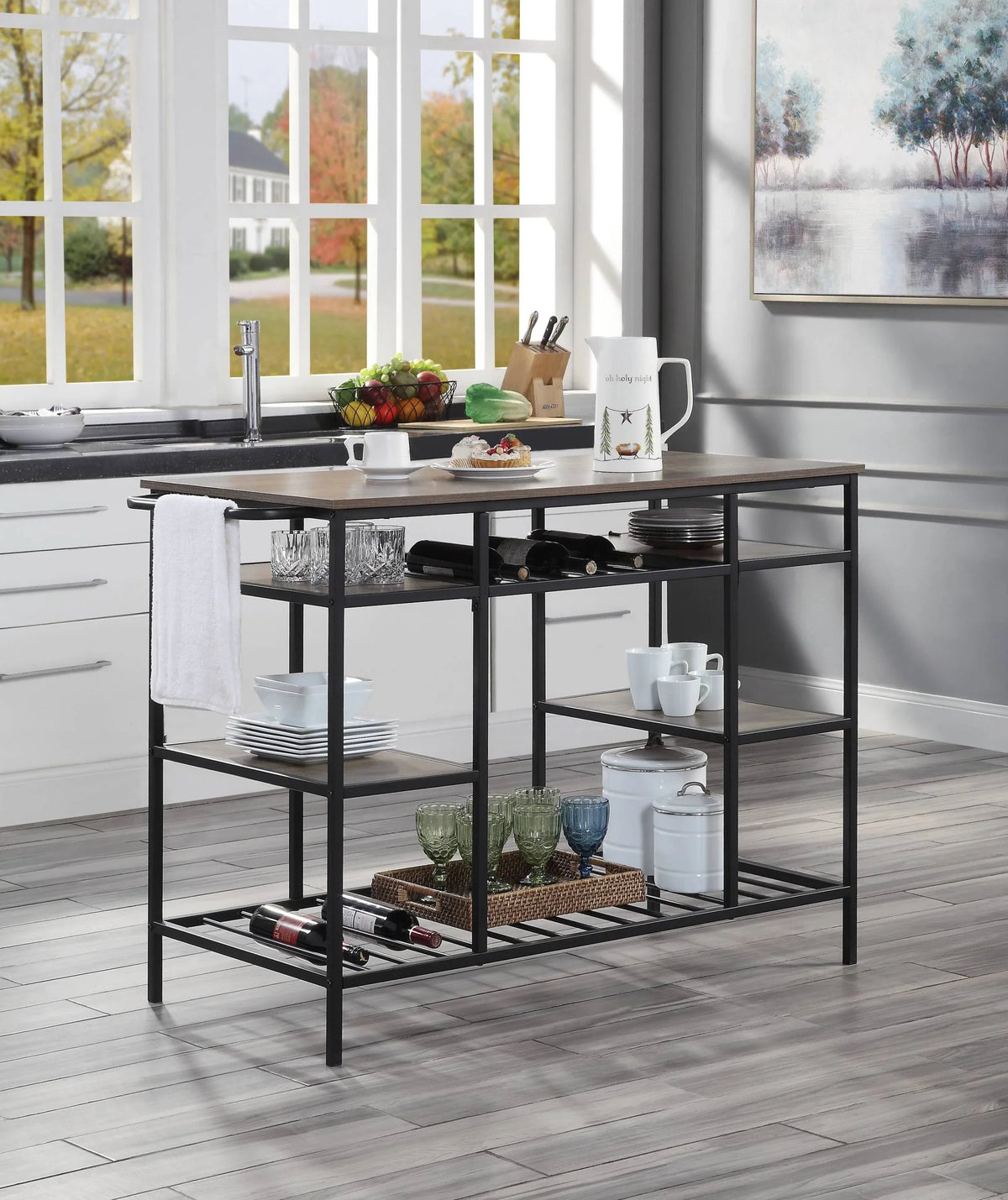 Rustic Oak Black Metal Frame Kitchen Island - Omega Lifestyles