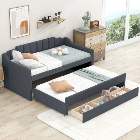 Twin Upholstered Linen-Blend Daybed With Trundle Drawers - Omega Lifestyles