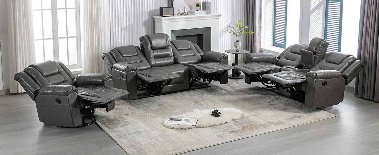 Grey Manual PU Upholstered Home Theater Recliner Chair Set - Omega Lifestyles