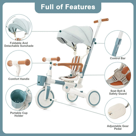 7-in-1 Multifunctional Adjustable Push Rod Toddler Tricycle - Omega Lifestyles