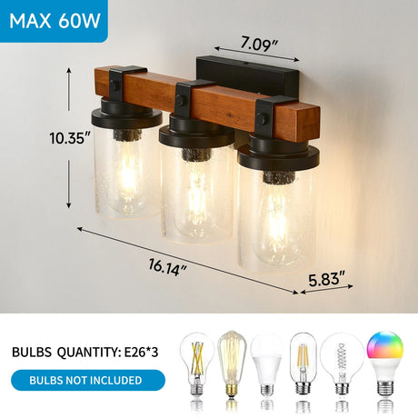 3-Light Matte Black Wooden Glass Shade Wall Lamp - Omega Lifestyles