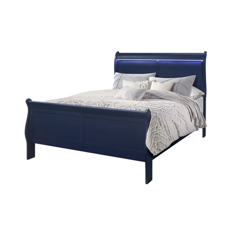 Full Blue Solid Wood Sleigh Bed With LED Headboard - Omega Lifestyles