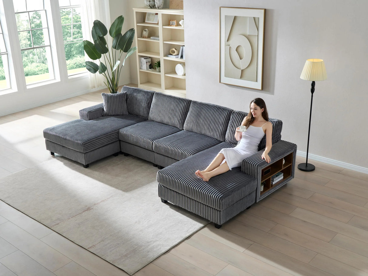 Modern Convertible U-Shaped Corduroy Fabric Sofa - Omega Lifestyles