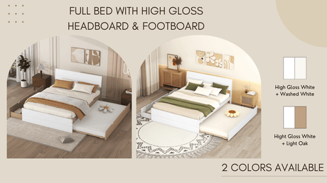 Modern Full White High Gloss Bed Frame With Trundle - Omega Lifestyles