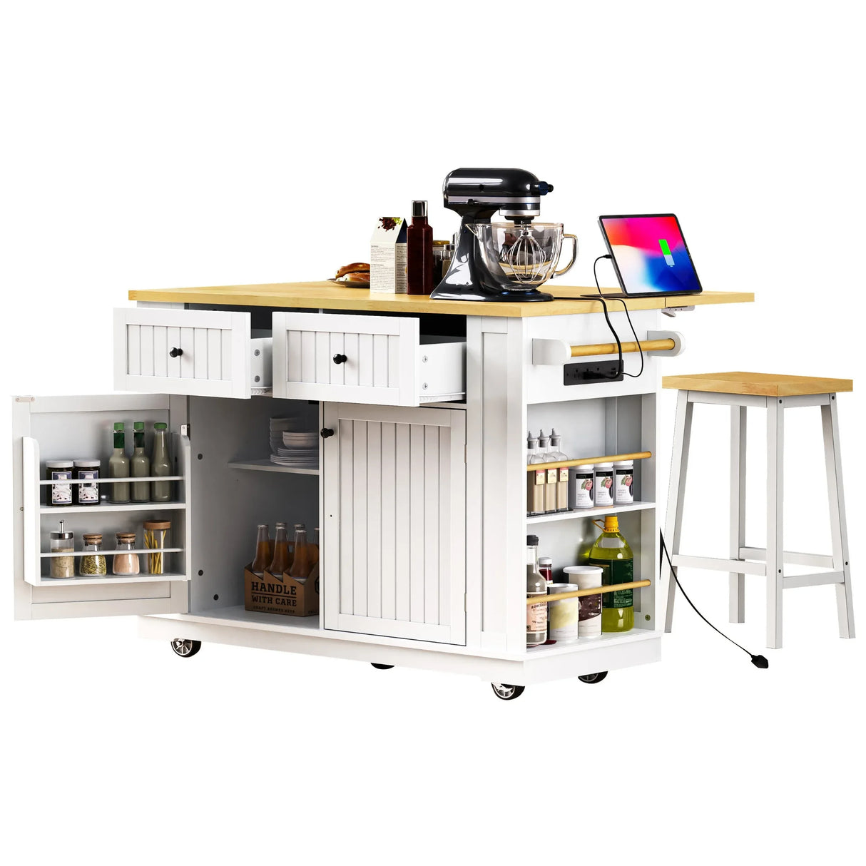 48-Inch Classic Kitchen Island With 2 Bar Stools and Power Outlet - Omega Lifestyles