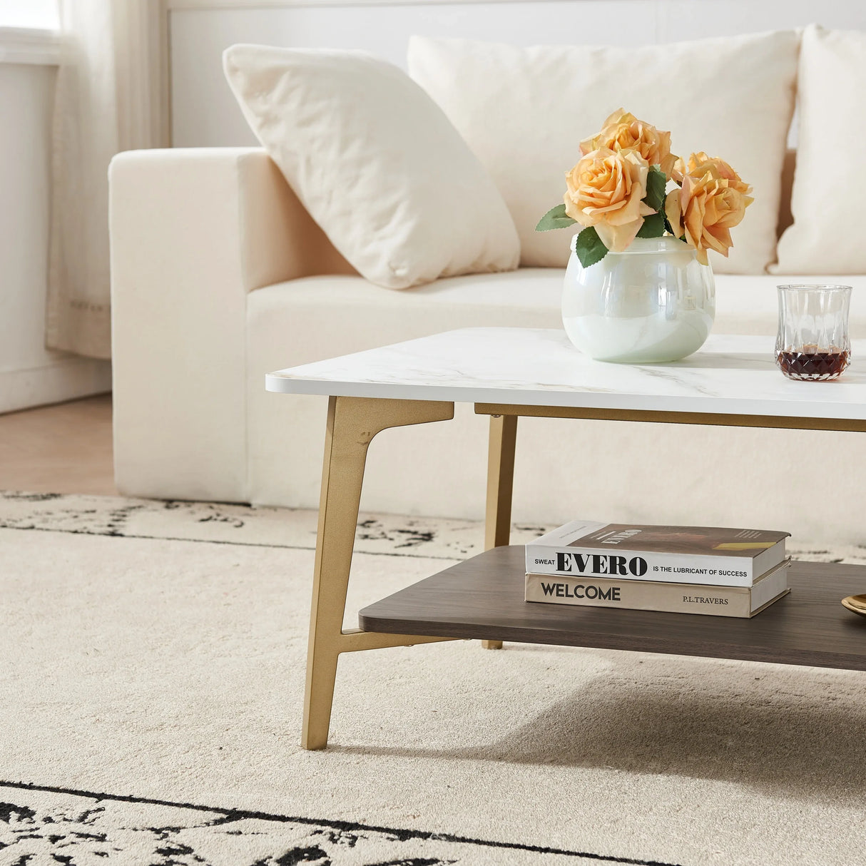 Golden White MDF Metal Frame Rectangular Coffee Table - Omega Lifestyles
