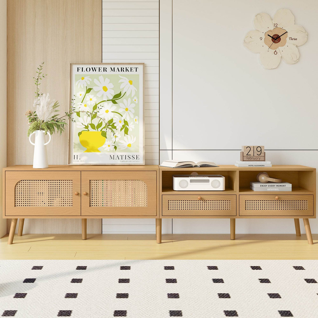 Boho Farmhouse TV Stand With Rattan Storage Cabinet - Sleep Galleria