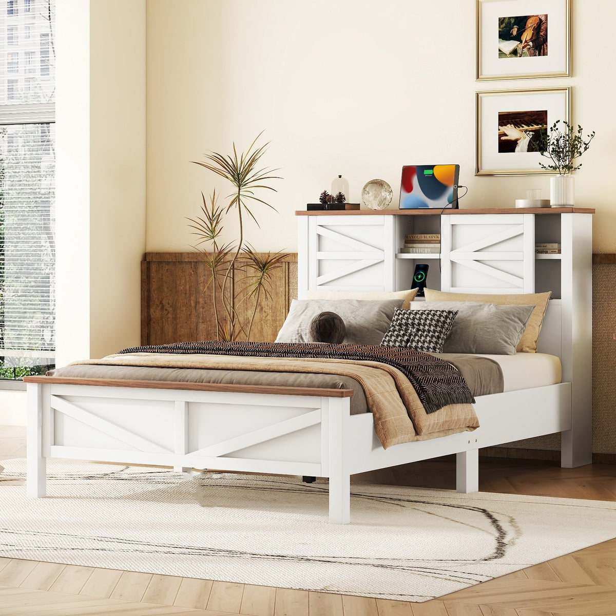 Full Platform Bed With Sliding Barn Door Storage And Charging Station