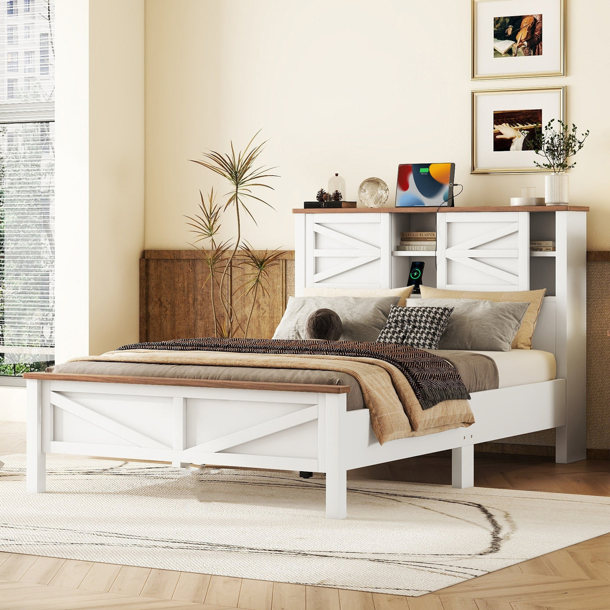 Full Platform Bed With Sliding Barn Door Storage And Charging Station