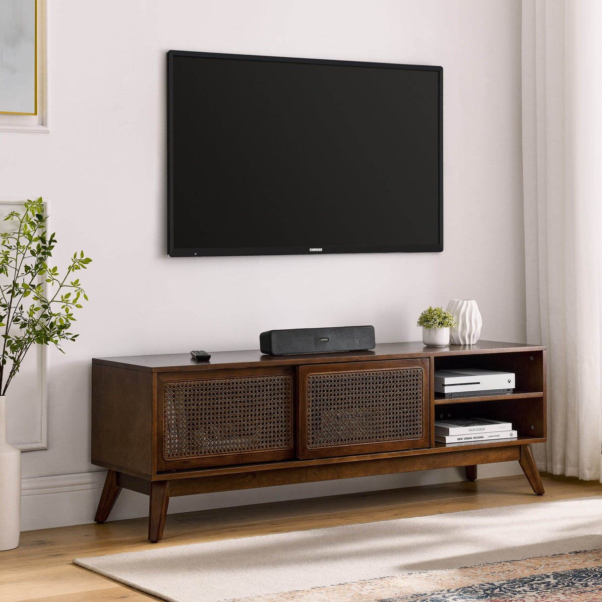 59-Inch Mid Century Modern Rattan TV Stand Cabinet - Sleep Galleria