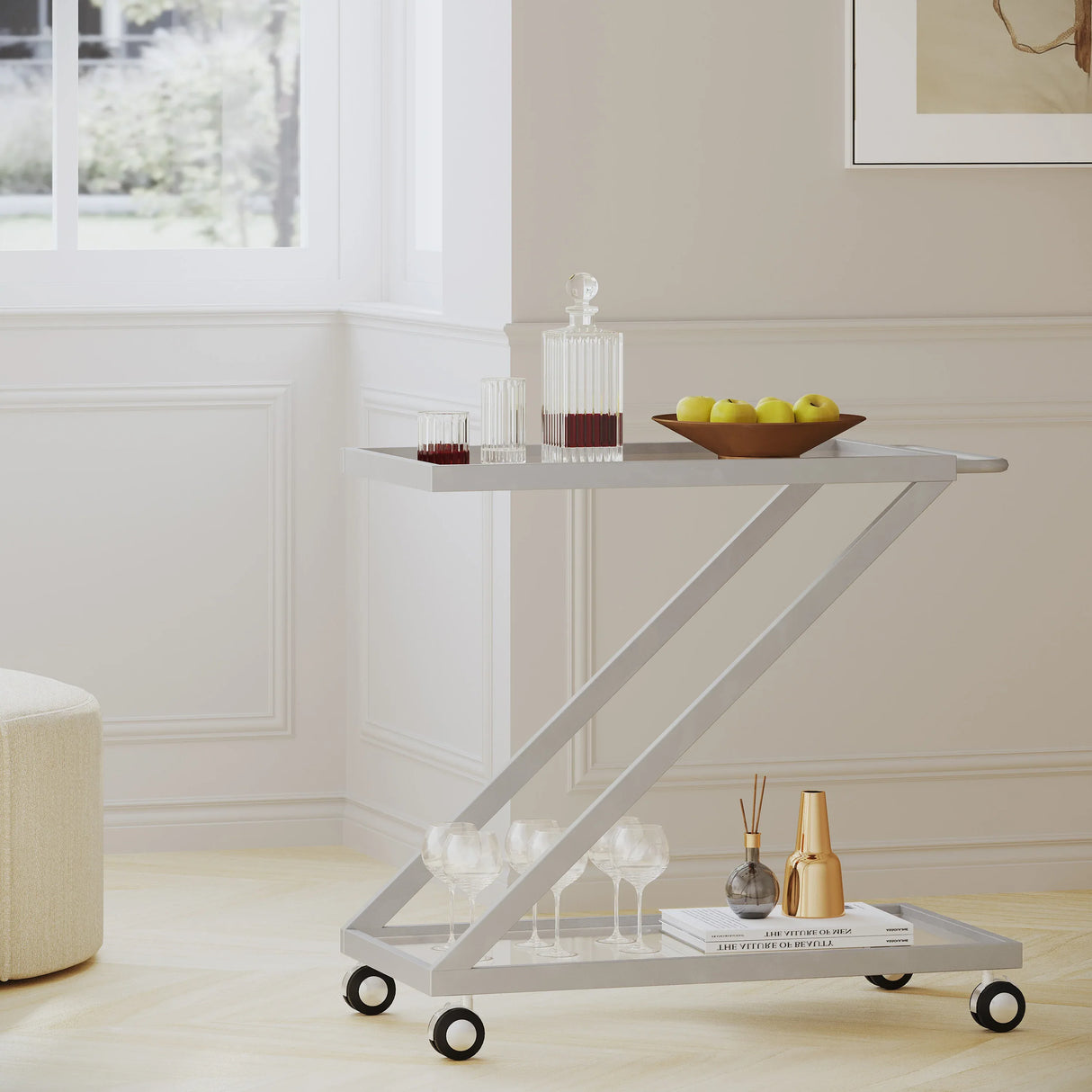 Modern Z-Shaped Silver Glass And Metal Bar Cart - Omega Lifestyles