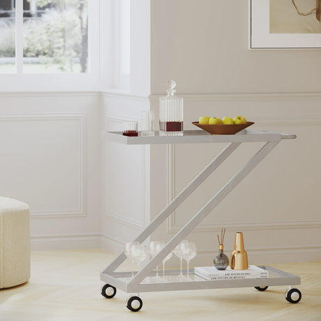 Modern Z-Shaped Silver Glass And Metal Bar Cart - Omega Lifestyles