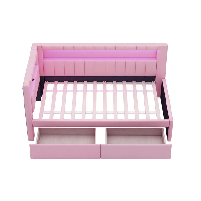 Twin Pink Upholstered Platform Bed Frame With USB Ports And LED - Omega Lifestyles