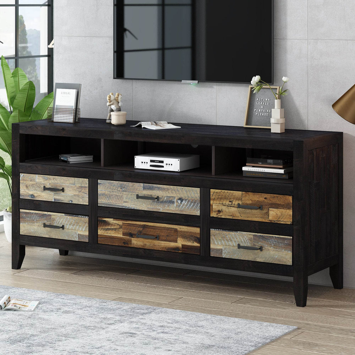 Retro Distressed Solid Wood TV Stand With Drawers - Omega Lifestyles