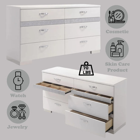 White Synthetic Wood Modern Six-Drawer Jewelry Organizer Dresser - Omega Lifestyles