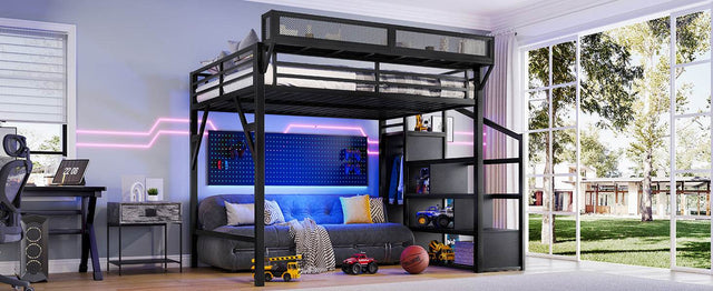Queen Metal Loft Bed With Storage Stairs USB LED Lighting - Omega Lifestyles