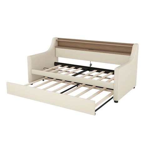 Twin PU Leather Daybed With Trundle Charging Station LED Light - Omega Lifestyles