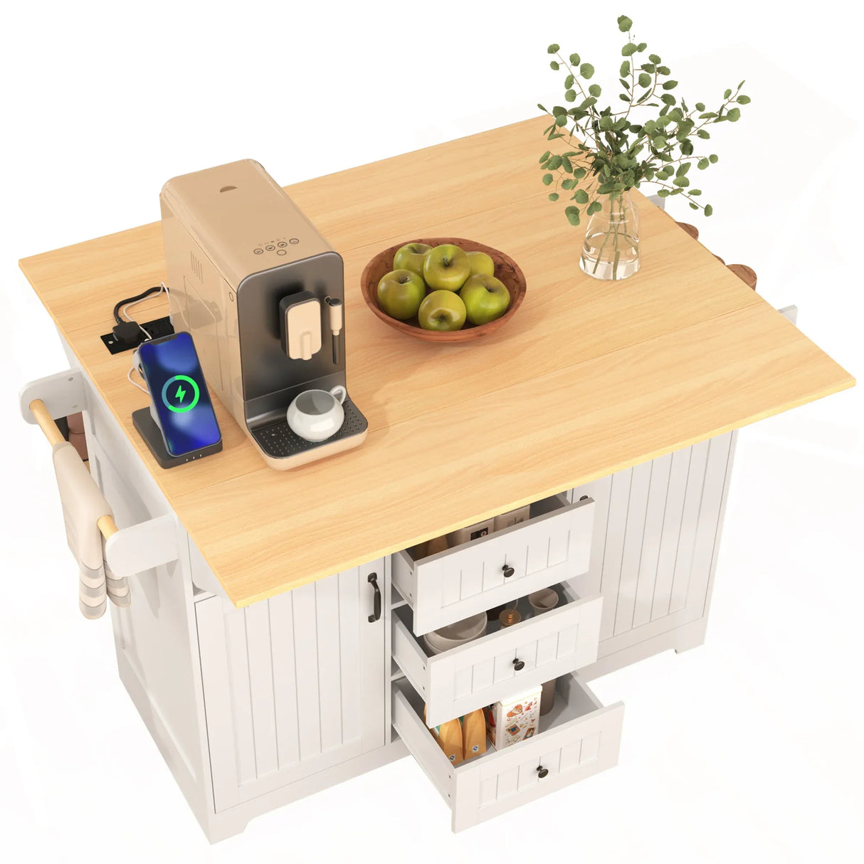 Folding Kitchen Island Cart With Power Outlet and Storage - Omega Lifestyles