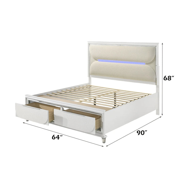 Queen White Boucle Storage Bed Frame With LED Lighting - Omega Lifestyles