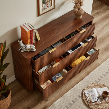 Modern Walnut 6-Drawer Dresser With Wave Design - Omega Lifestyles