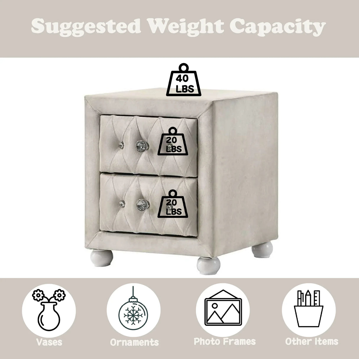 Beige Fabric Nightstand With Two Storage Drawers - Omega Lifestyles