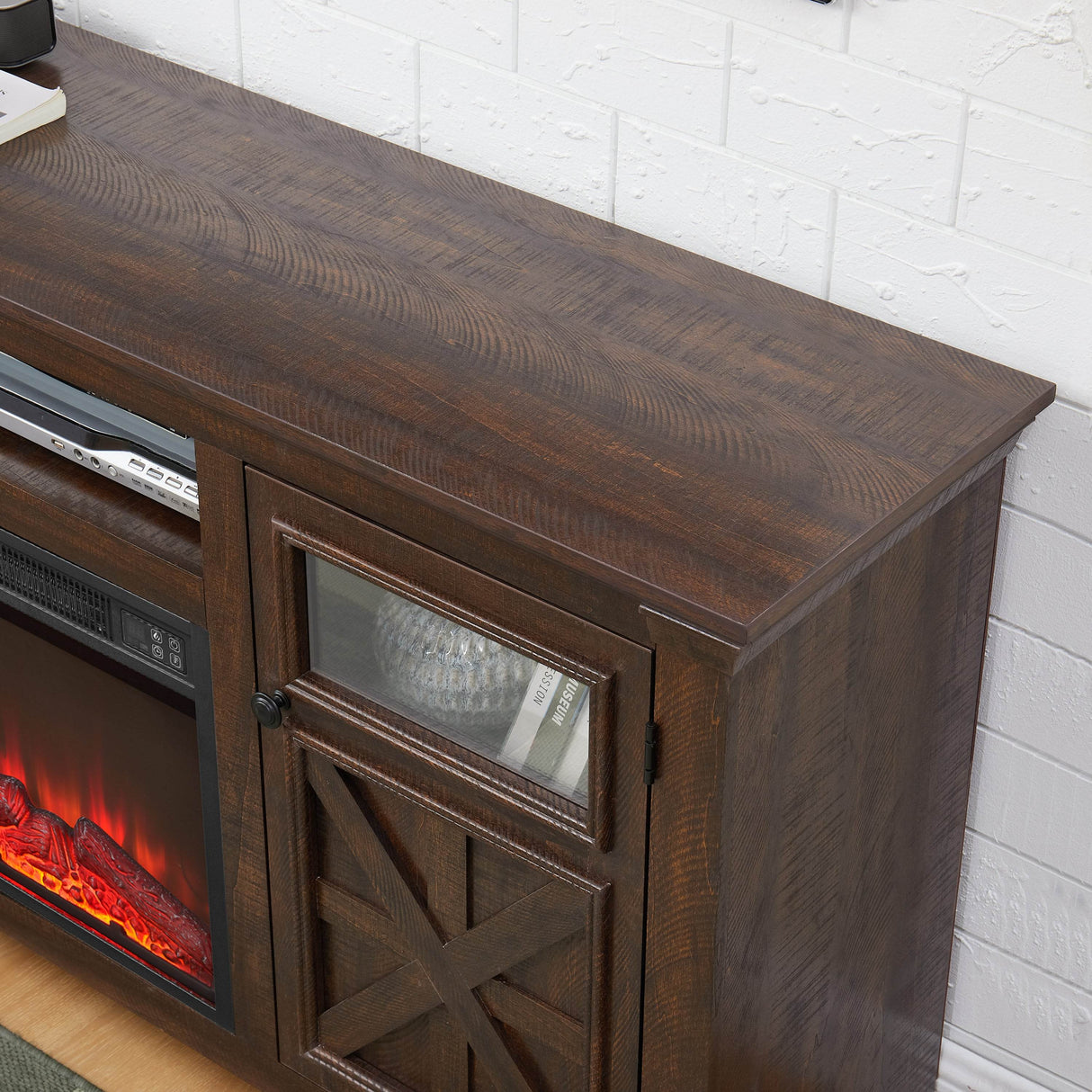 Farmhouse Espresso TV Stand With Fireplace Insert - Sleep Galleria
