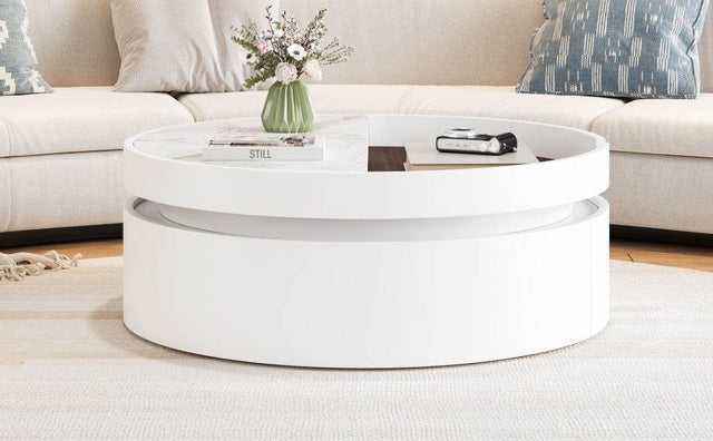 Modern White Walnut Round Lift-Top Coffee Table With Drawer - Omega Lifestyles