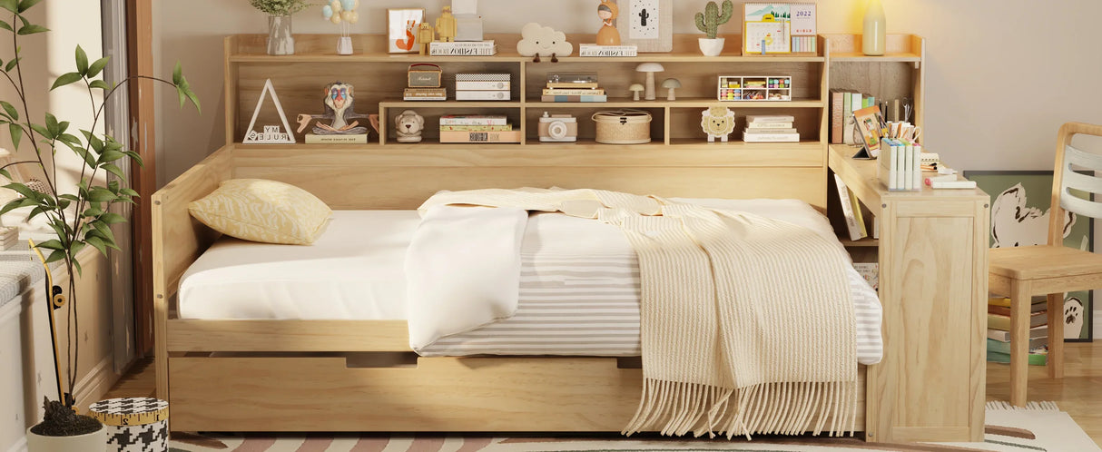 Full Wooden Bed Frame With Trundle Storage And Study Desk - Omega Lifestyles