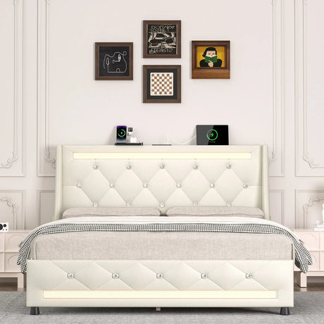 Queen Upholstered Memory Foam Platform Bed Frame With LED - Omega Lifestyles