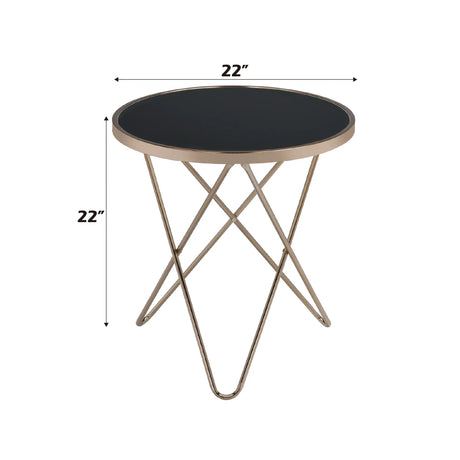 Black Glass Metal Round End Table Champagne Finish - Omega Lifestyles