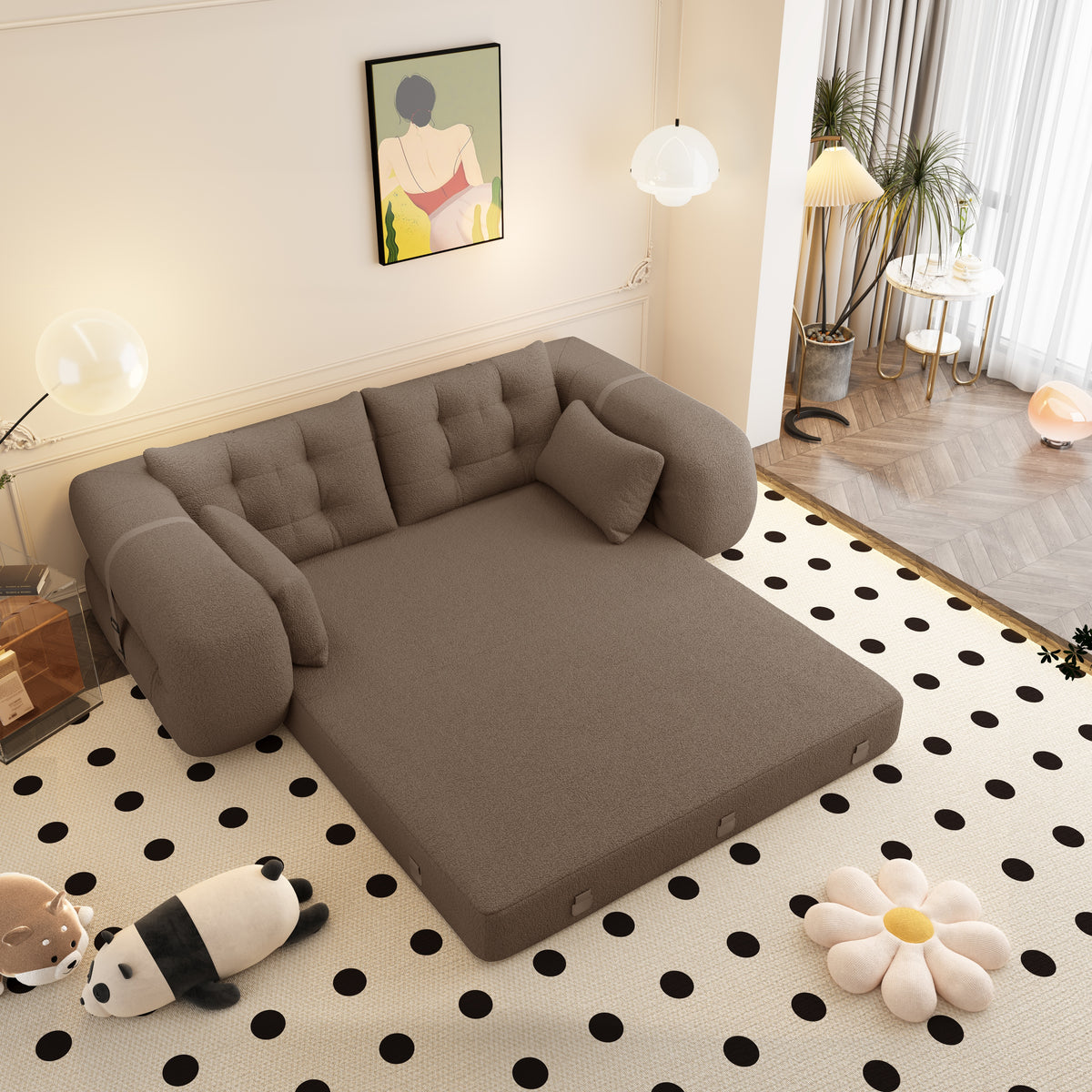 Multi-Functional Foldable Teddy Fabric Sleeper Sofa Bed