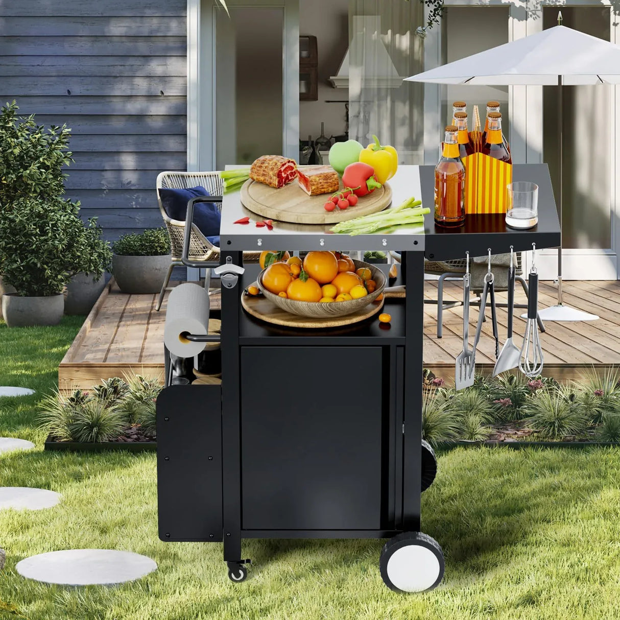 Outdoor Grill Cart Metal Storage Kitchen Island With Hooks - Omega Lifestyles