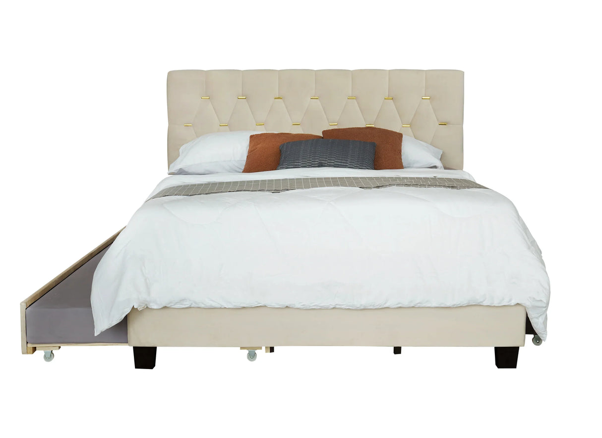 Queen Modern Velvet Upholstered Bed Frame With Trundle - Omega Lifestyles