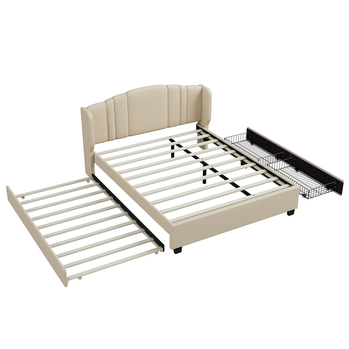 Queen Upholstered Platform Bed With Wingback Headboard Trundle - Omega Lifestyles