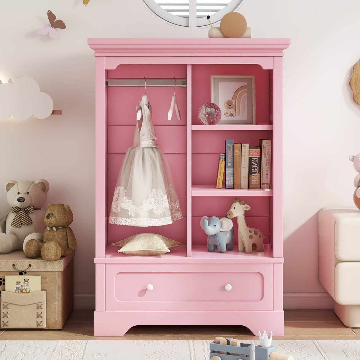 Children’s Pink Wardrobe With Hanging Rod And Drawer