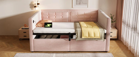 Twin Pink Velvet Upholstered Hydraulic Storage Bed Frame - Omega Lifestyles
