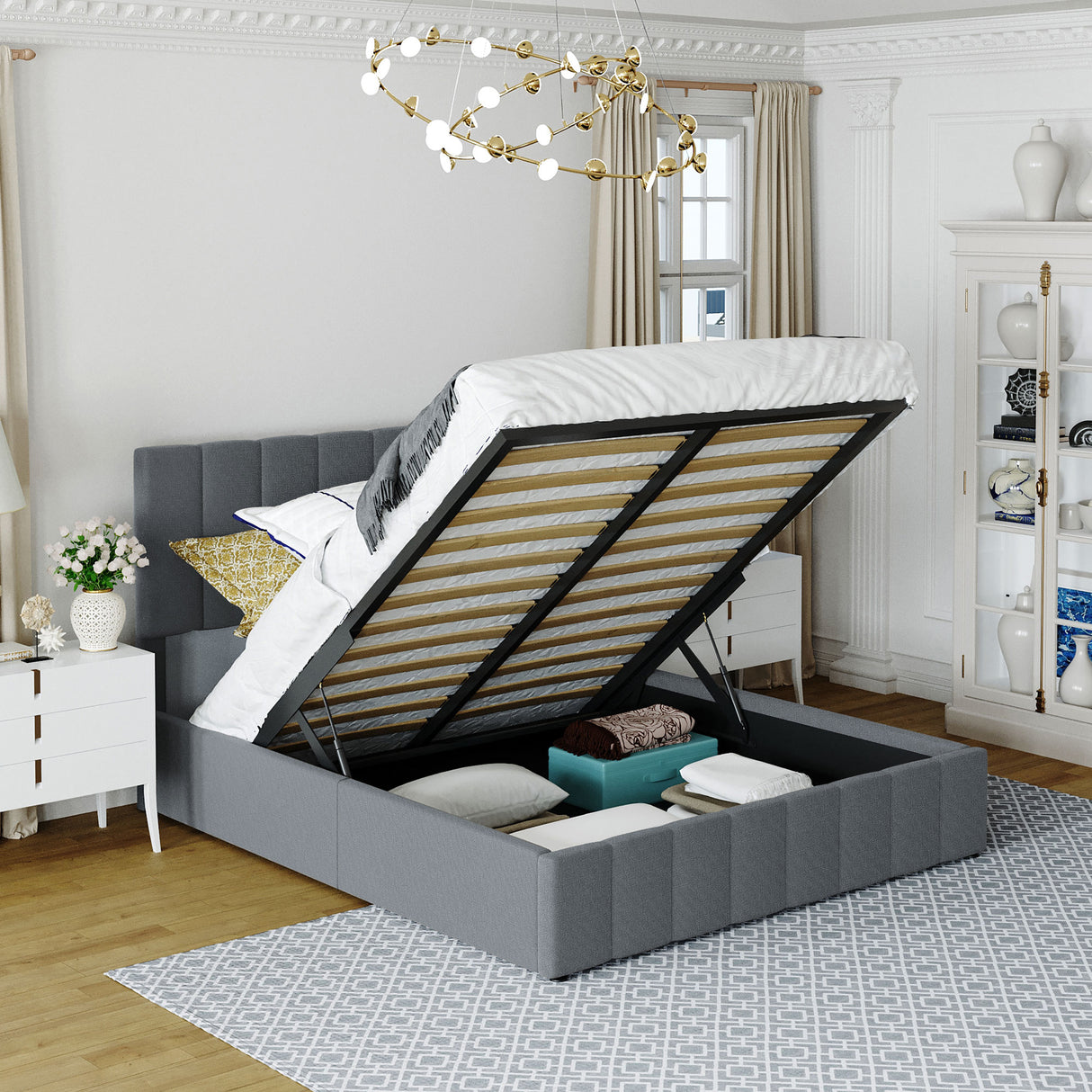 Queen Upholstered Platform Bed With Hydraulic Storage