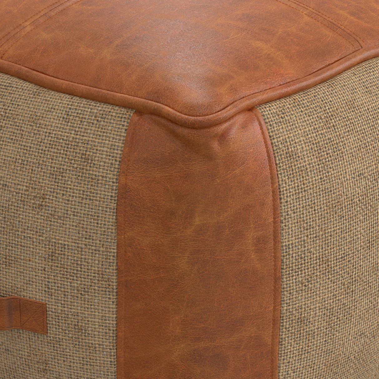 Top-Grain Leather Round Pouf Ottoman With Jute - Omega Lifestyles