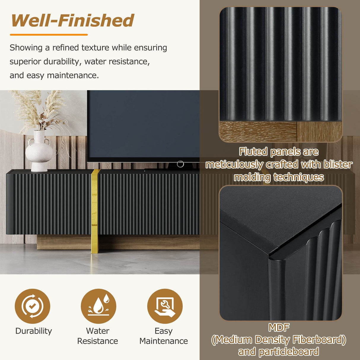 Luxury Fluted Black And Gold TV Stand With Storage - Sleep Galleria