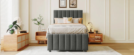 Twin Upholstered Linen Platform Bed With Trundle And Drawers - Omega Lifestyles