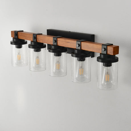 5-Light Matte Black Wood Glass Shade Wall Lamps - Omega Lifestyles
