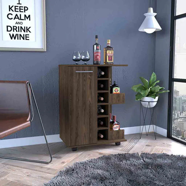 Brown Particle Board Bar Cart With Casters And Shelves - Omega Lifestyles