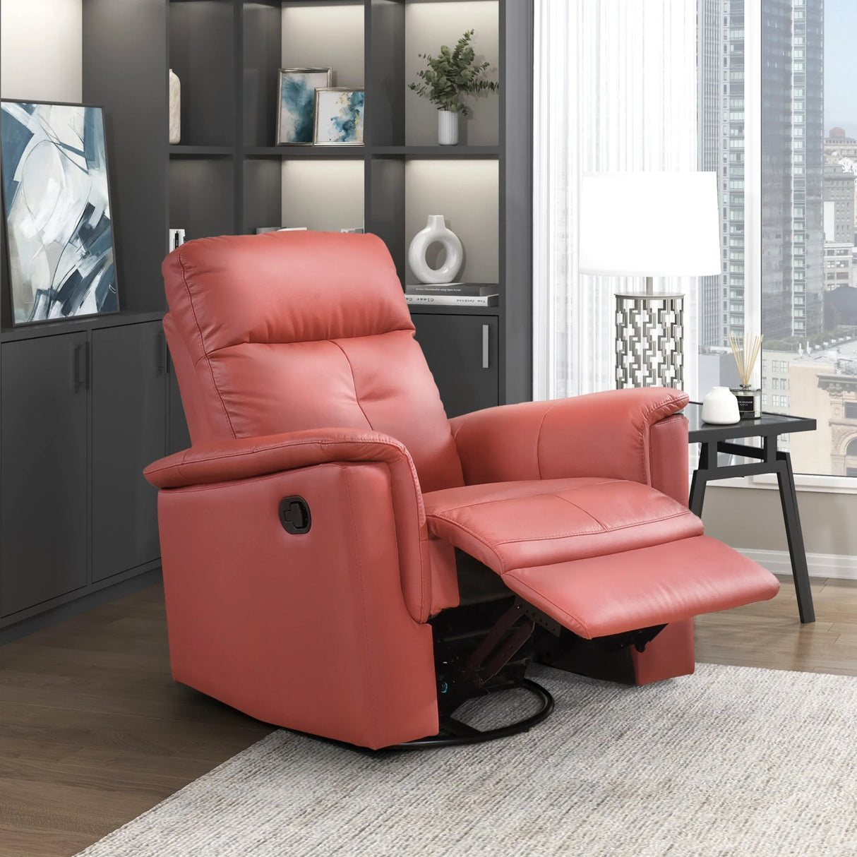 Red Genuine Leather Swivel Glider Reclining Chair - Omega Lifestyles